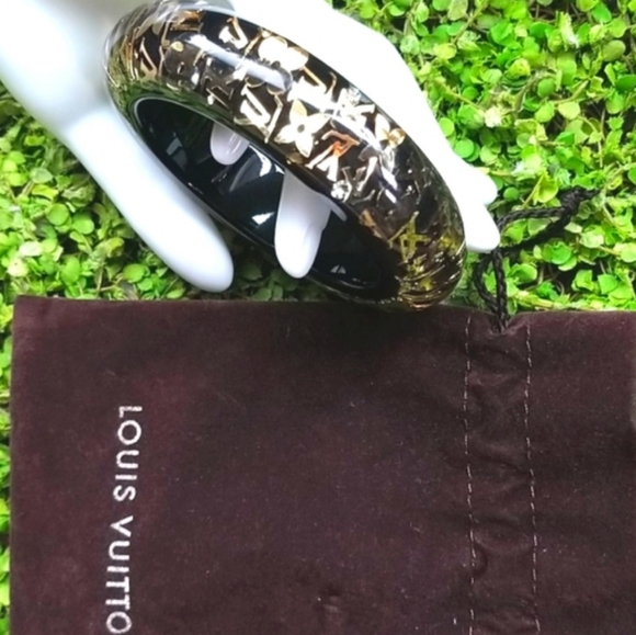 HP LOUIS VUITTON Elegant INCLUSION Shiny Black Gold Bangle Resin LV Bracelet LN - Picture 14 of 16